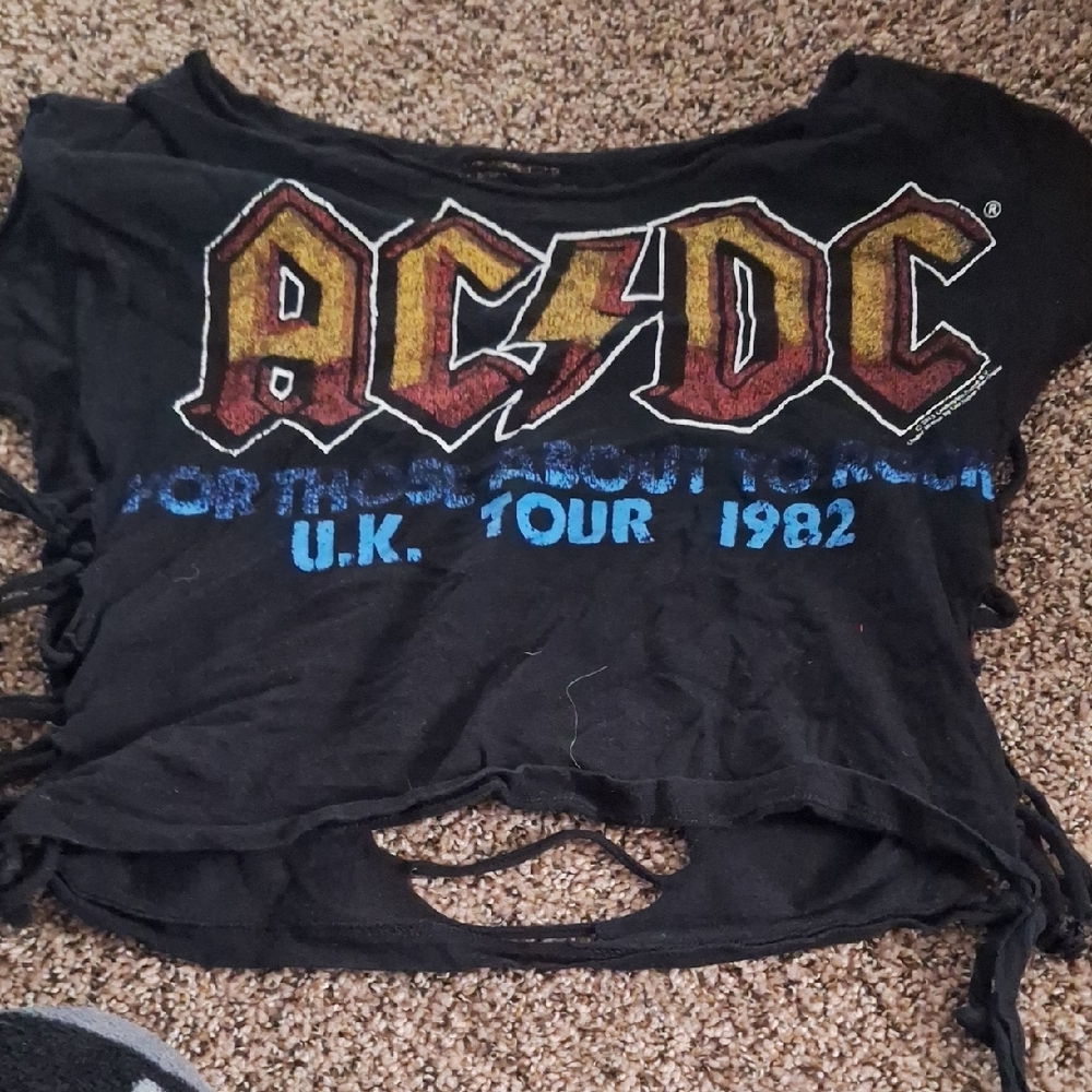 AC/DC Black Crop Tee with Red-Yellow Logo and Blue Tour Text